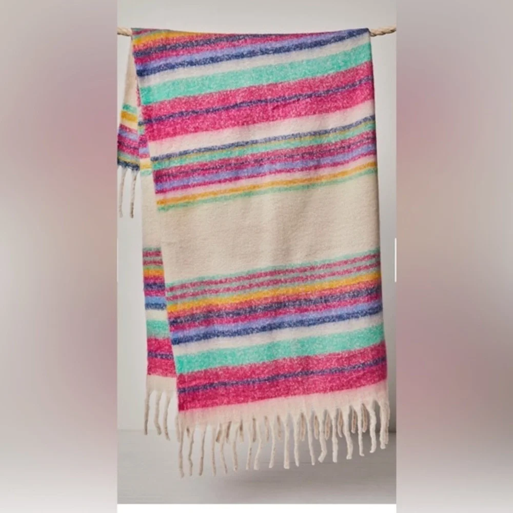 Free People FP Collection Ivory Multi Fringe Throw Blanket new One Size‎